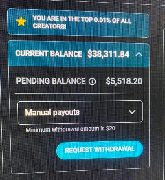 Statements dashboard: current balance $38,311.84, pending balance $5,518.20, with a 'You are in the top 0.01% of all creators' badge